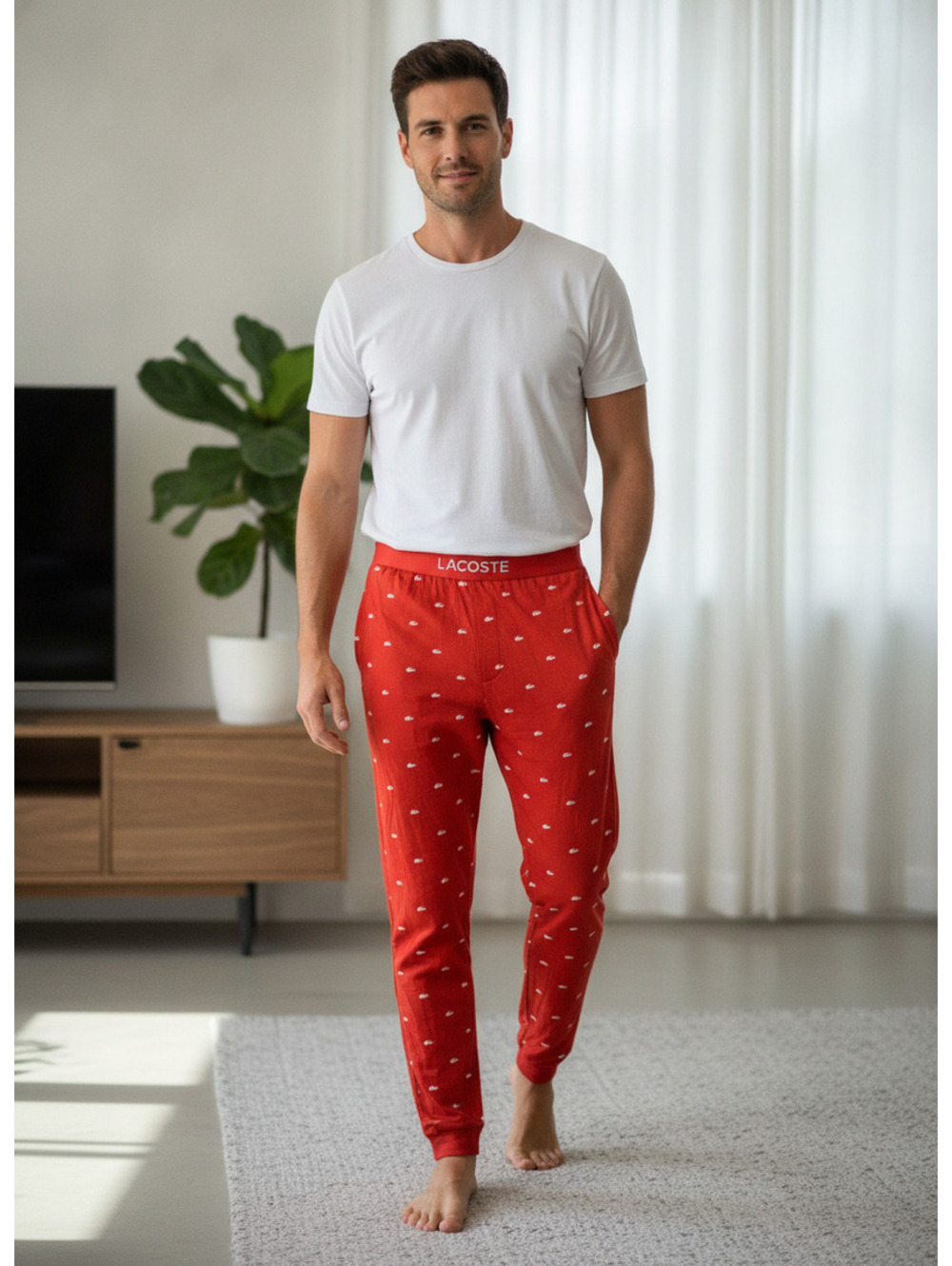 Lacoste Men's Red Lounge Pants with White Logo Print Size M
